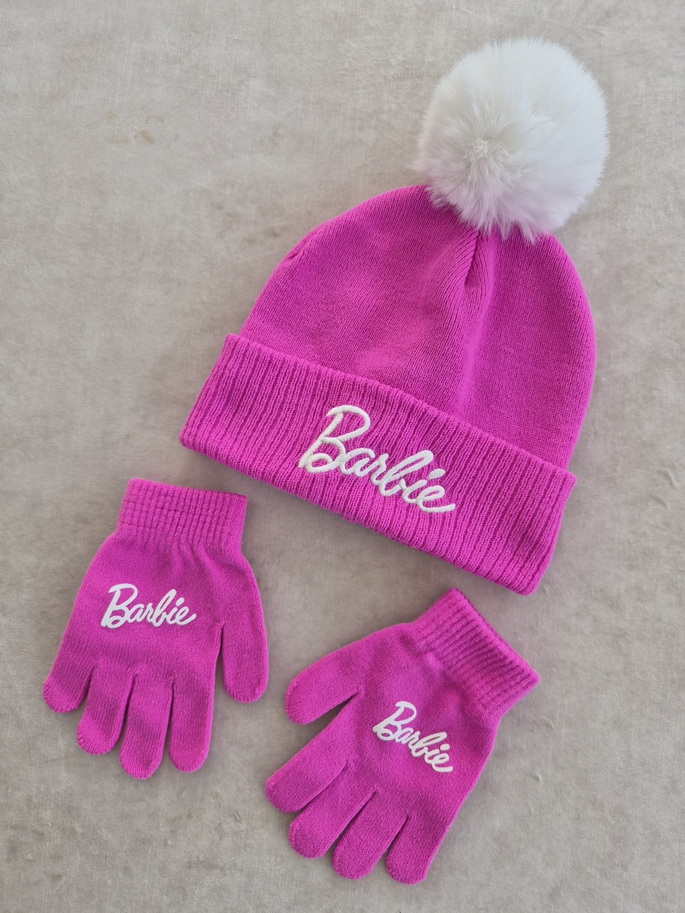 Barbie Girls Hot Pink Knit Beanie Pom Hat & Gloves Set